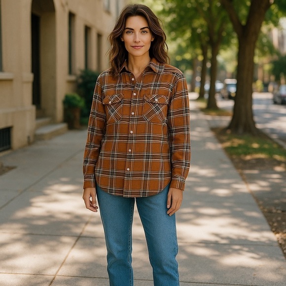 Vendor Women’s  Flannel Shirt Sz Large Brown 💯 Cotton LSleeve Pearl Snaps Fringe - Picture 1 of 10